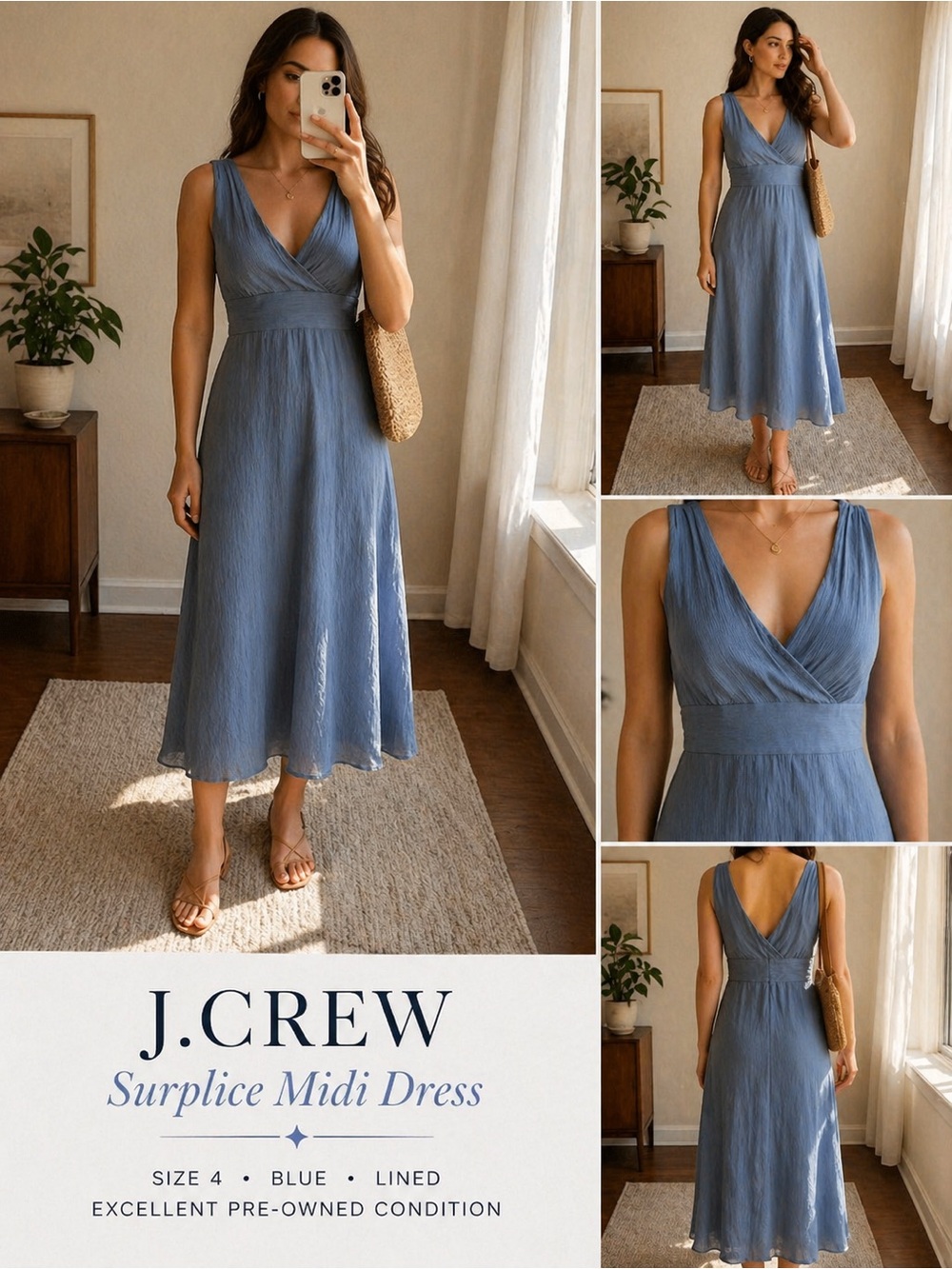 J.Crew 100% Silk Blue Surplice Midi Dress Size 4 | Sleeveless V-Neck